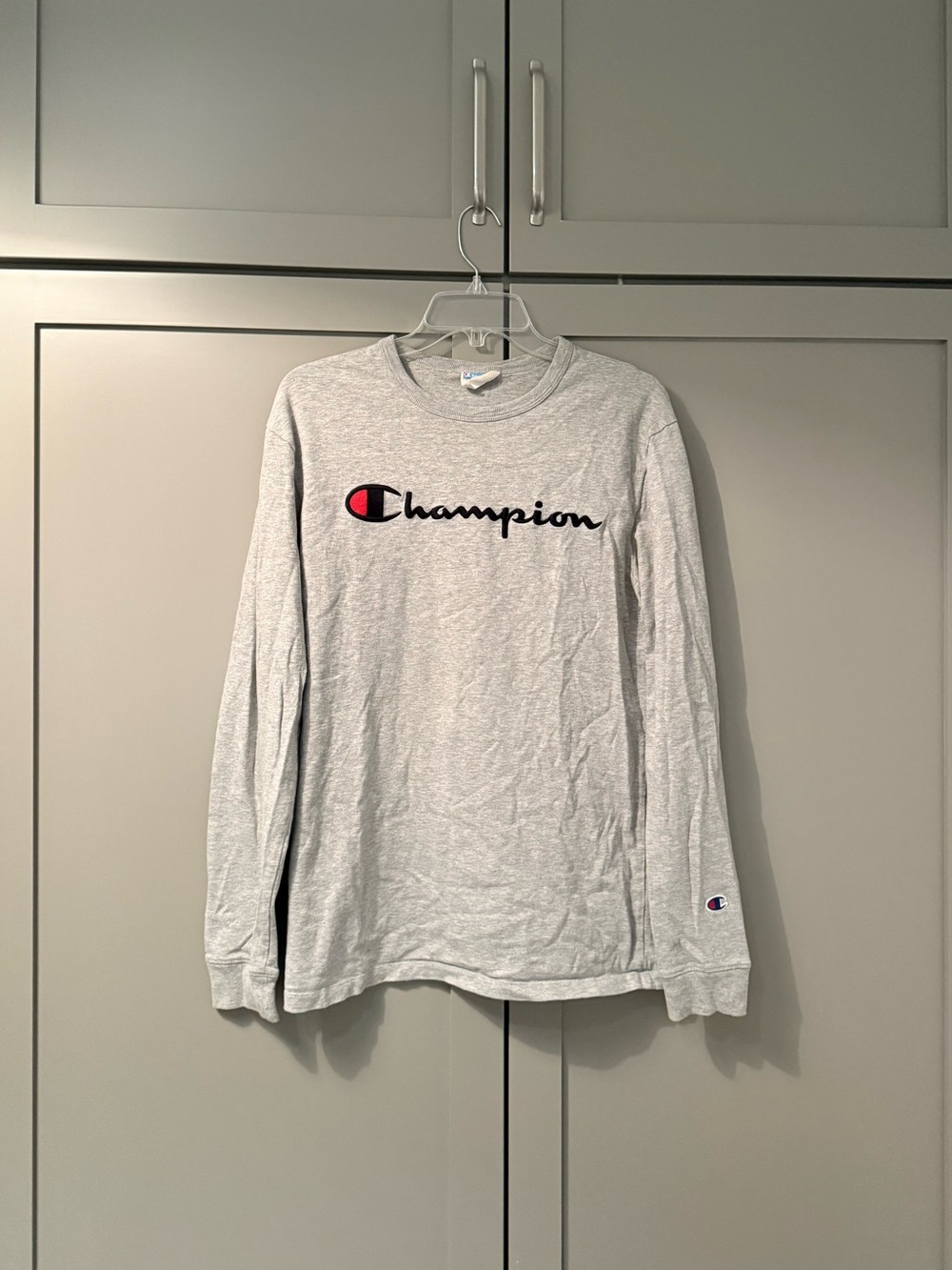 Light Gray Champion Men’s Long-Sleeve 100% Cotton T-Shirt - Size Medium